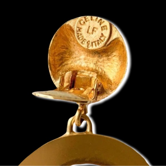 CELINE Paris Vintage XL Gold & Black Logo Drop Hoop RARE Clip On Earrings - Picture 2 of 5